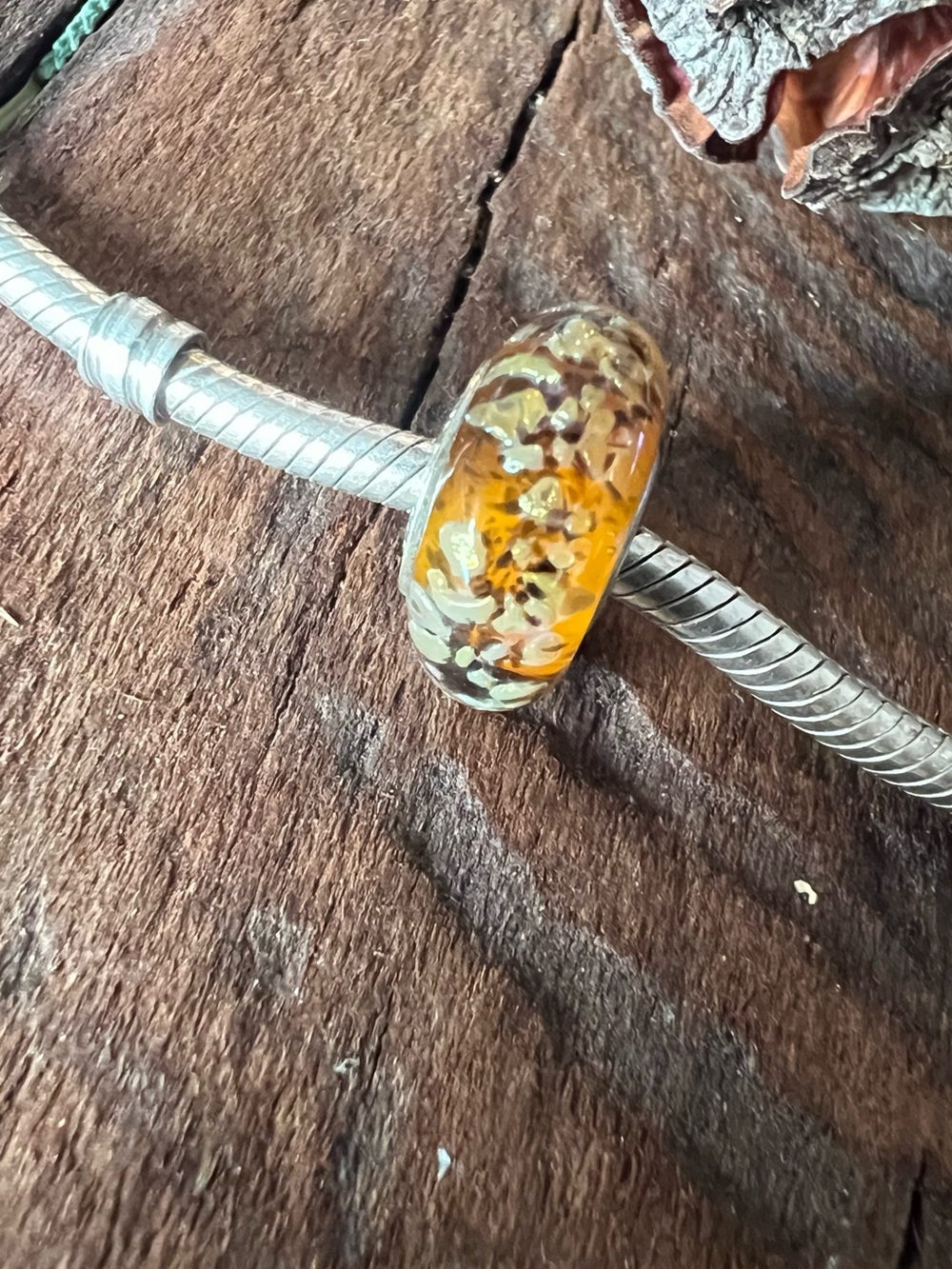 Chamilia Murano Glass Charm Yellow Amber Orange Specks Brown Fall Tiger Print